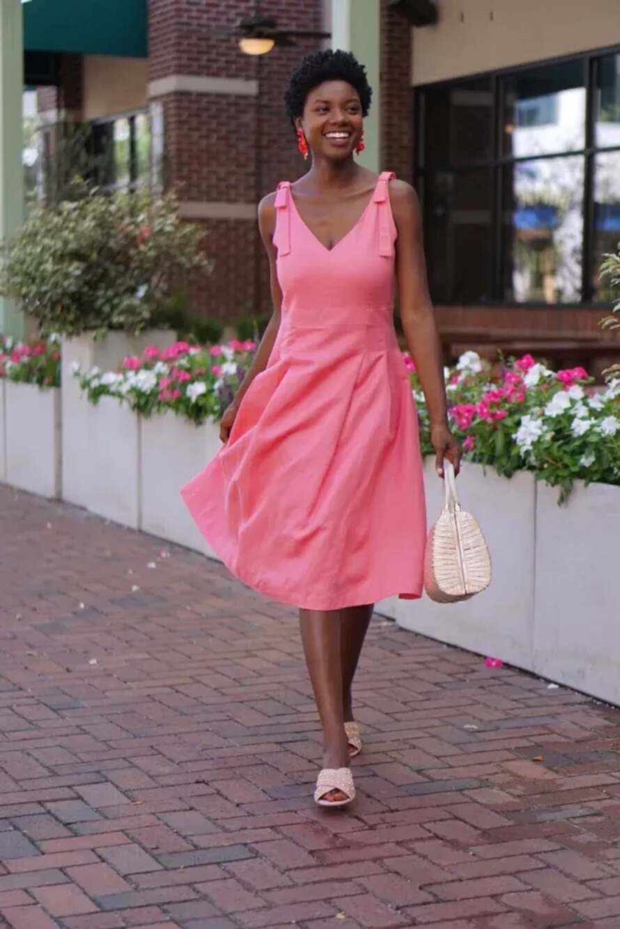 Ann Taylor Pink Linen Blend V-Neck Fit and Flare Midi Dress with Shoulder Bows S